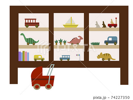 棚に飾られた木製のおもちゃと手押し車の手描きイラスト ステイホームや出産祝い 幼児教育に のイラスト素材