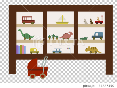 棚に飾られた木製のおもちゃと手押し車の手描きイラスト（ステイホームや出産祝い、幼児教育に） 74227350