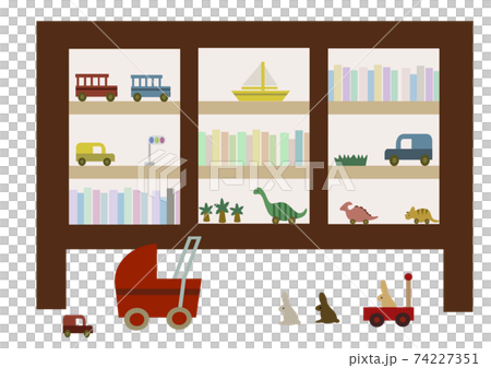 棚に飾られた木製のおもちゃと手押し車 本の手描きイラスト ステイホームや出産祝い 幼児教育に のイラスト素材