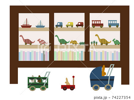 棚に飾られた木製のおもちゃと手押し車、本の手描きイラスト（ステイホームや出産祝い、幼児教育に） 74227354