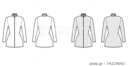 Turtleneck zip-up dress technical fashion illustration with short sleeves, mini length, fitted body, Pencil fullness.  74229092