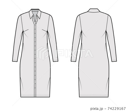 Shirt dress technical fashion illustration with classic regular collar, knee length, oversized body, Pencil fullness Shirt dress technical fashion illustration with classic regular collar, knee length, oversized body, Pencil fullness 74229167
