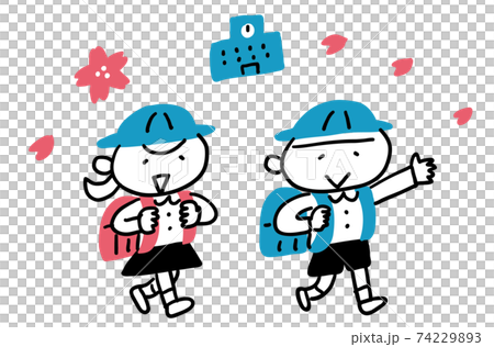 ランドセルを背負っている小学生の男の子と女の子 74229893