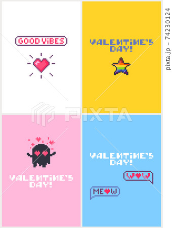 Cards set for Valentines day with pixel icons. 74230124