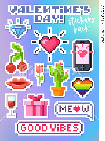Set of stickers for Valentines Day. Pixel art. 74230127