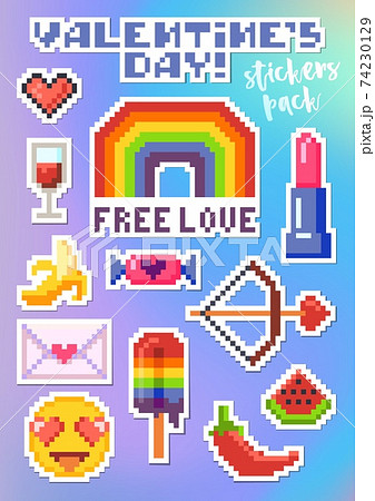 Set of stickers for Valentines Day. Pixel art. 74230129