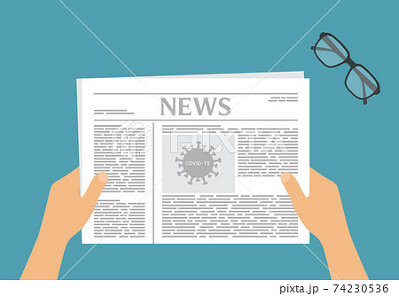 Flat design illustration. Hands of a man or woman holding a newspaper with an article about covid. Glasses on a green background, vector 74230536