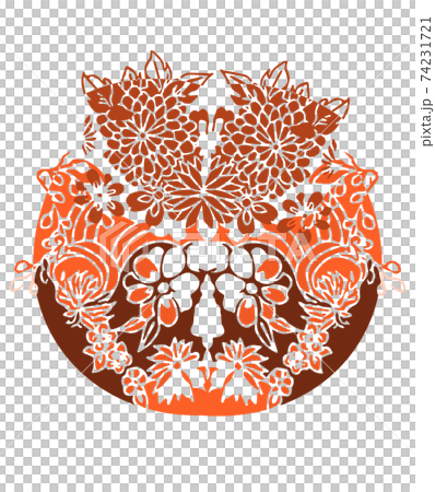花植物モチーフの和柄ワンポイント　朱色　和モダン風 74231721
