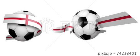 balls for soccer, classic football in ribbons with colors of English flag. Design element for football competitions. English national team. Isolated vector on white background 74233401
