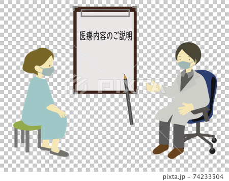 手繪插圖的醫生和患者在檢查室做解釋，並帶有易於理解的知情同意圖像 74233504