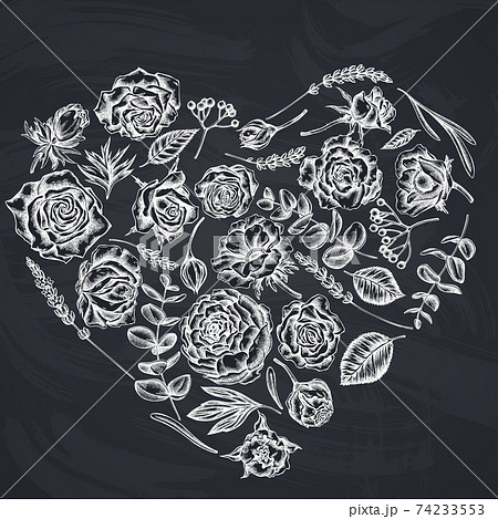Heart floral design with chalk roses, anemone, eucalyptus, lavender, peony, viburnum Heart floral design with chalk roses, anemone, eucalyptus, lavender, peony, viburnum 74233553