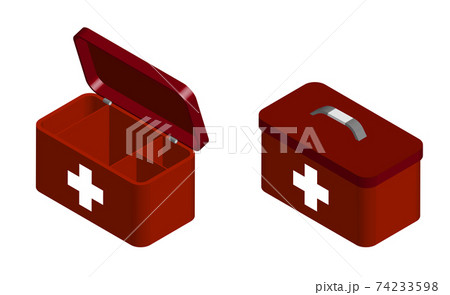red first aid kit for emergency resuscitation in open and closed form. Set of lifeguard and medical worker to treat a patient. Isolated 3D vector on white background 74233598