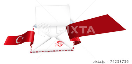 Concept, open envelope with blank sheet of paper wrapped in shiny festive ribbon with elements of Turkish flag. Inscription is APPROVED on stamp. Congratulatory template, information layout 74233736