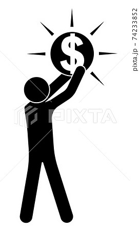 stick figure, man raises a dallar symbol above his head. Passion, worship of money and wealth, greed. Isolated vector on white background 74233852