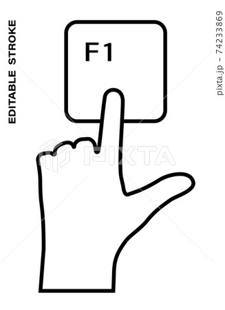 Icon editable stroke, human hand presses the keyboard button F1 with the index finger. Getting help, additional information. Isolated vector on white background 74233869