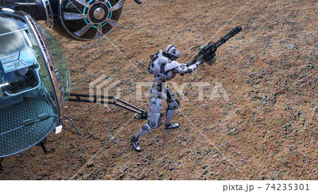 Robot police officer with large cannon explores abandoned buildings. Artificial intelligence. 3d rendering, 3d illustration. 74235301
