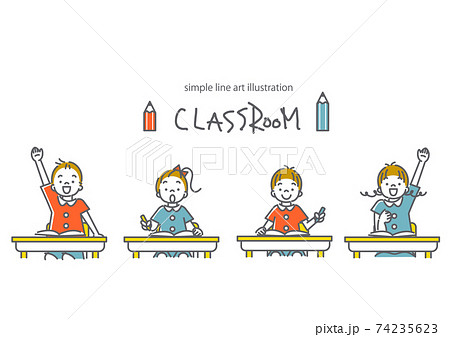 積極的に授業に参加する子供たちのシンプルでかわいい線画イラストのイラスト素材