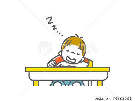 授業中に居眠りしている男の子のシンプルでかわいい線画イラストのイラスト素材