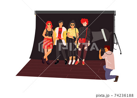 Photographers shoot fashion models. Photography studio concept. Women posing, man taking pictures with professional camera. Make photos of celebrities for magazine, vector cartoon scene 74236188