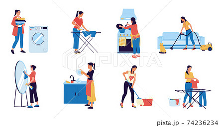 Housewife. Cartoon woman doing housework. Young female cooking meal, cleaning home with vacuum cleaner, washing and ironing garment. Housekeeping scenes set, vector routine activity Housewife. Cartoon woman doing housework. Young female cooking meal, cleaning home with vacuum cleaner, washing and ironing garment. Housekeeping scenes set, vector routine activity 74236234