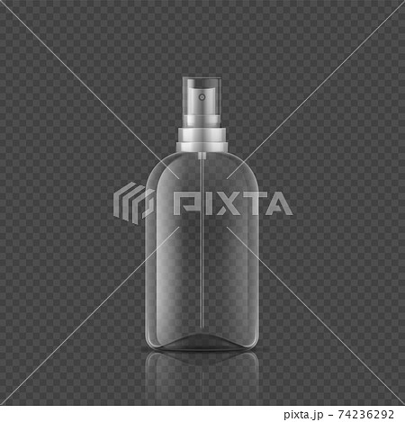 Spray bottle. Realistic empty package, 3D tube from glass or plastic and lid with atomizer. Packaging for cosmetic products and antiseptic on transparent background. Vector container Spray bottle. Realistic empty package, 3D tube from glass or plastic and lid with atomizer. Packaging for cosmetic products and antiseptic on transparent background. Vector container 74236292