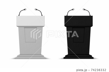 Debate stage with microphones. Vector 3D conference speech black and white tribune set, pedestal for lecture, press interview and political debate platform vector isolated illustration 74236332