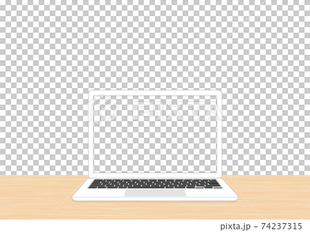 木目調机に置いたシンプルなノートパソコン　白系黒キー 74237315