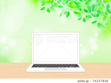 新緑背景と開いたシンプルなノートパソコン 白系黒キーのイラスト素材