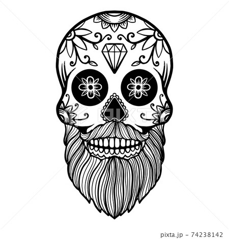 Hand drawn mexican bearded sugar skull isolated on white background. Design element for poster, card, banner, t shirt, emblem, sign. Vector illustration 74238142