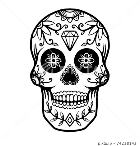 Hand drawn mexican sugar skull isolated on white background. Design element for poster, card, banner, t shirt, emblem, sign. Vector illustration 74238143