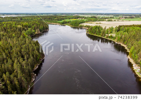 Aerial panoramic view of rapid Susikoski at river Kymijoki, Finland. 74238399