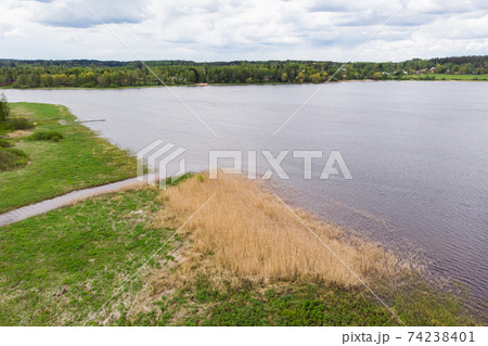 Aerial panoramic view of river Kymijoki at city Inkeroinen, Finland Aerial panoramic view of river Kymijoki at city Inkeroinen, Finland 74238401