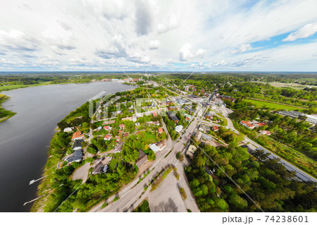 Aerial panoramic view of city Inkeroinen at river Kymijoki, Finland. 74238601