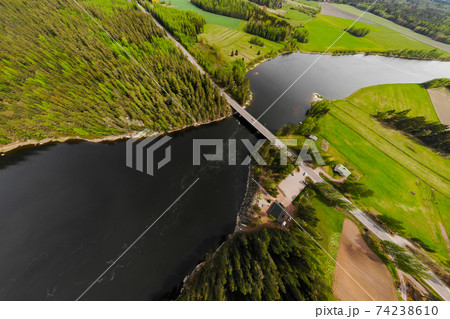 Aerial panoramic view of rapid Susikoski at river Kymijoki, Finland. Aerial panoramic view of rapid Susikoski at river Kymijoki, Finland. 74238610