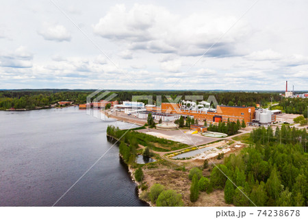 Aerial panoramic view of city Inkeroinen at river Kymijoki, Finland. Aerial panoramic view of city Inkeroinen at river Kymijoki, Finland. 74238678