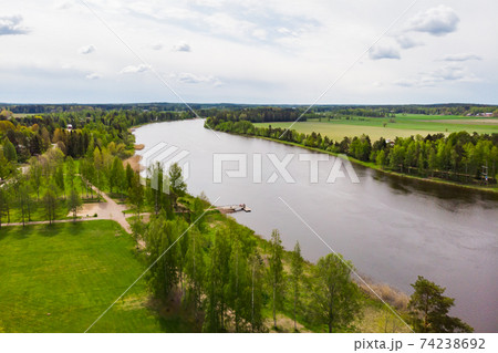 Aerial panoramic view of city Inkeroinen at river Kymijoki, Finland. 74238692