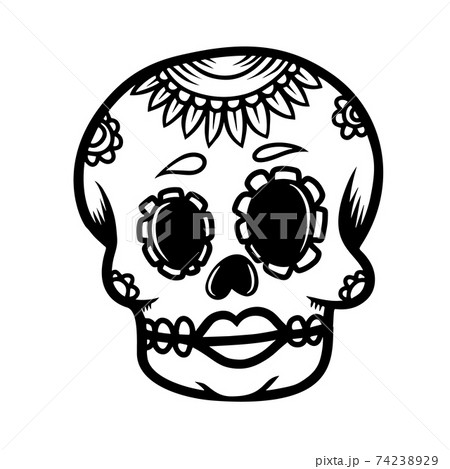 Hand drawn mexican sugar skull isolated on white background. Design element for poster, card, banner, t shirt, emblem, sign. Vector illustration 74238929