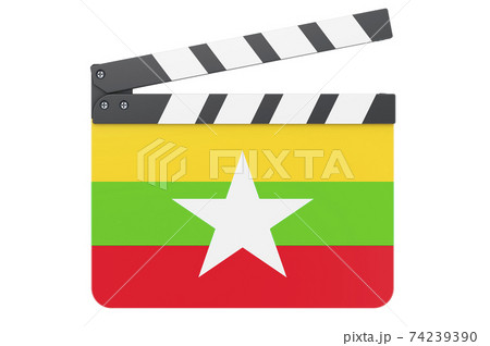 Movie clapperboard with Myanmar flag, film industry concept. 3D rendering Movie clapperboard with Myanmar flag, film industry concept. 3D rendering 74239390
