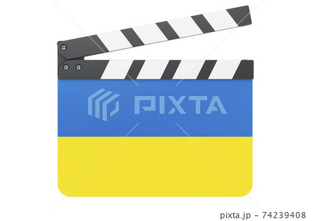 Movie clapperboard with Ukrainian flag, film industry concept. 3D rendering 74239408