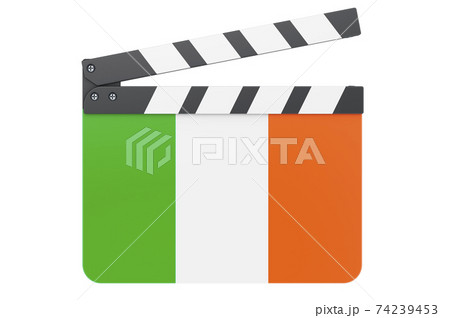 Movie clapperboard with Irish flag, film industry concept. 3D rendering Movie clapperboard with Irish flag, film industry concept. 3D rendering 74239453