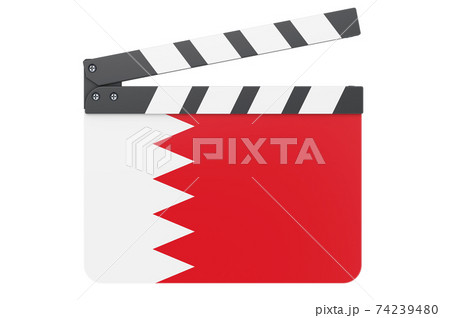 Movie clapperboard with Bahraini flag, film industry concept. 3D rendering Movie clapperboard with Bahraini flag, film industry concept. 3D rendering 74239480