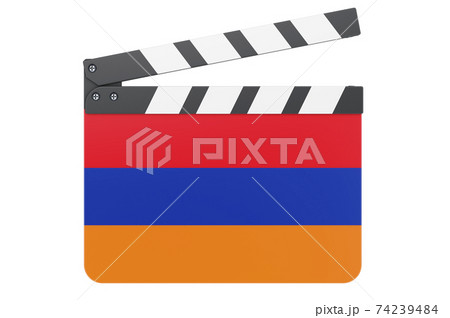 Movie clapperboard with Armenian flag, film industry concept. 3D rendering Movie clapperboard with Armenian flag, film industry concept. 3D rendering 74239484