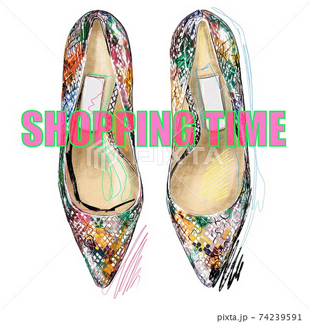 Hand-drawn bright colorful stylized fashion illustration of high heeled shoes with multi colored snake skin imitation print, with a sign Shopping Time. A gift fashion postcard for all shopping lovers Hand-drawn bright colorful stylized fashion illustration of high heeled shoes with multi colored snake skin imitation print, with a sign Shopping Time. A gift fashion postcard for all shopping lovers 74239591