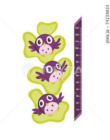 Wall meter with good birds with big eyes. Sticker for measuring height kids. Funny vector cartoon illustration for children 74239833