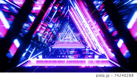 Abstract futuristic corridor with triangles, fluorescent ultraviolet light, colorful laser neon lines, geometric endless tunnel, 3d illustration Abstract futuristic corridor with triangles, fluorescent ultraviolet light, colorful laser neon lines, geometric endless tunnel, 3d illustration 74240288