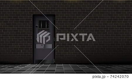 Prison interior, metal door and brick wall, dark background. Jail cell room. Concept design 74242070