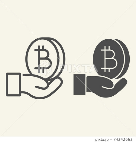 Open hand with bitcoin line and glyph icon. Palm with cryptocurrency vector illustration isolated on white. Crypto coin in arm outline style design, designed for web and app. Eps 10. 74242662