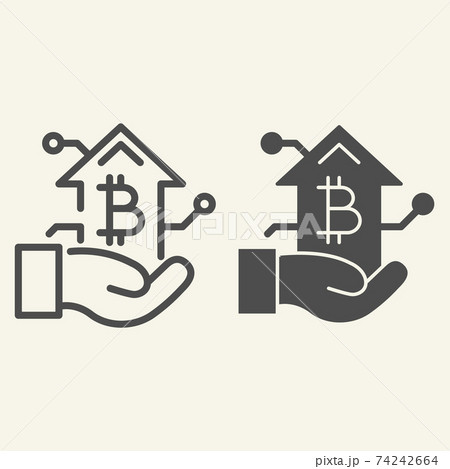 Bitcoin growth chart in hand line and glyph icon. Arm with cryptocurrency graph vector illustration isolated on white. Cryptocurrency increase outline style design, designed for web and app. Eps 10. 74242664