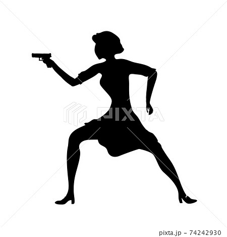 Abstract silhouette firing girl, female isolated silhouette. Beautiful woman spy in shootout. 74242930