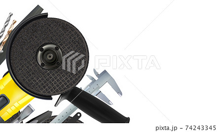 3d Angular composition of set tools of locksmith, hand metalworking and locksmithing, isolated 74243345